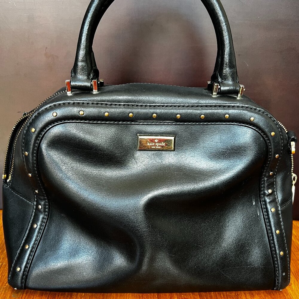 Black Leather Kate Spade Helena Studded Satchel - Missing crossbody strap.